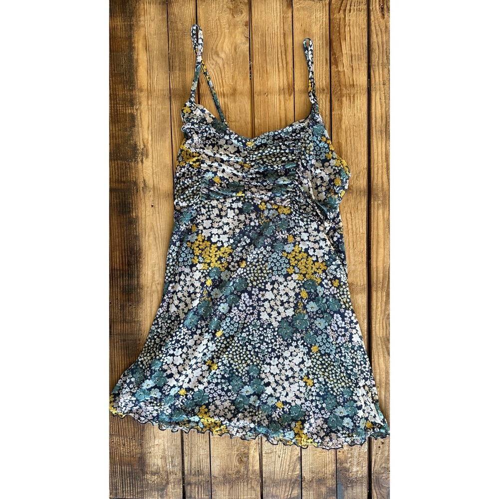Originality Floral Cami Top XL Blue Yellow Ruched Bust Lettuce Hem